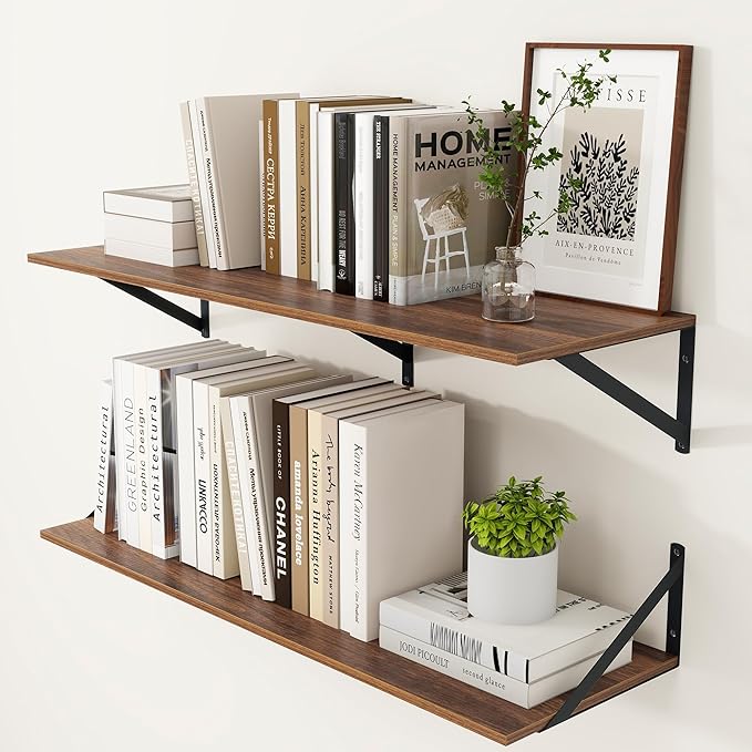 Heimlove 12 Inch Deep Floating Shelves for Wall, 36W x 12D Wood Wall Shelves Set of 2, Walnut Wide Floating Bookshelf for Living Room, Kitchen, Office, Bedroom, with Black Metal Bracke - Walnut