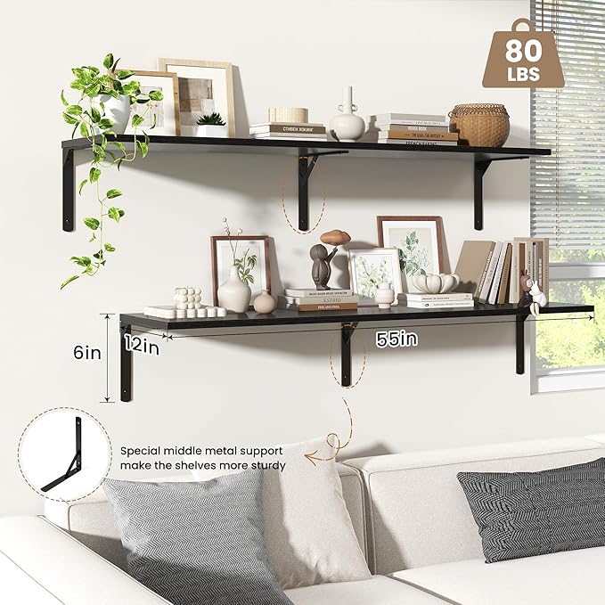 Fun Memories Floating Shelves for Wall, 12 Inch Deep Floating Shelves Set of 2, Wall Mounted Shelf with Metal Brackets, Rustic Wood Wide Shelf for Bathroom, Kitchen and Living Room, Black, 55W x 12D