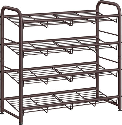 SONGMICS Stackable Shoe Rack, 4 Tier Metal Shoes Rack Storage Shelf, Holds up to 16 Pairs Shoes, Adjustable Slanted Shelves Tower Organizer for Closet Entryway Small Spaces, Bronze