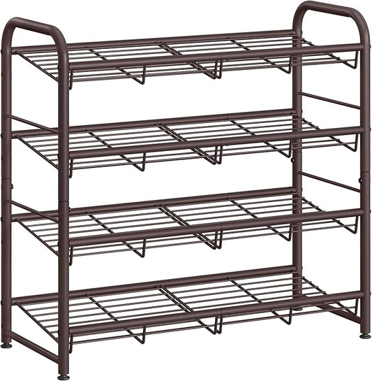 SONGMICS Stackable Shoe Rack, 4 Tier Metal Shoes Rack Storage Shelf, Holds up to 16 Pairs Shoes, Adjustable Slanted Shelves Tower Organizer for Closet Entryway Small Spaces, Bronze