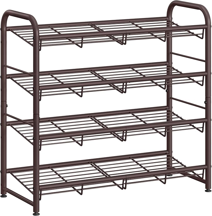 SONGMICS Stackable Shoe Rack, 4 Tier Metal Shoes Rack Storage Shelf, Holds up to 16 Pairs Shoes, Adjustable Slanted Shelves Tower Organizer for Closet Entryway Small Spaces, Bronze
