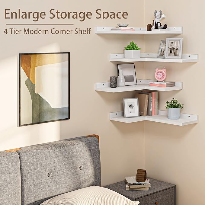 4 Tier Floating Corner Shelves White Set of 4, Rustic Pine Wooden Floating Corner Wall Shelf for Wall Décor Storage, L Shaped Corner Shelf Wall Mount for Bedroom, Living Room, Bathroom, Kitchen