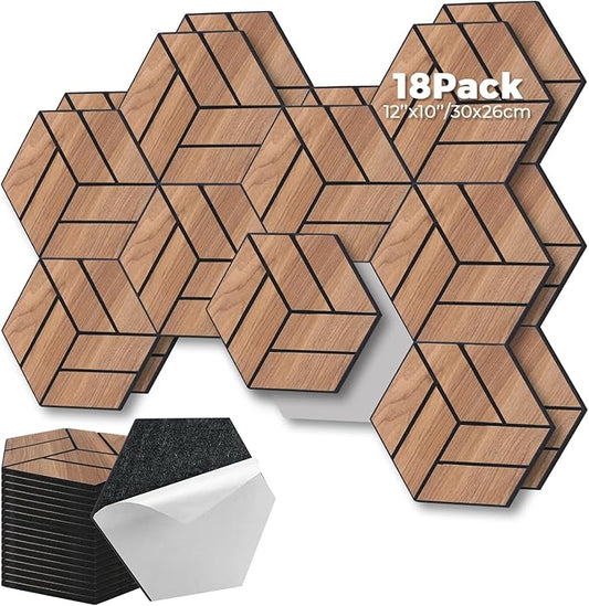 3D Peel and Stick Acoustic Wall Panel – 18-Pack Golden Maple Soundproof Wood Look Wall Panels for Interior Wall Decor, Hexagon Design