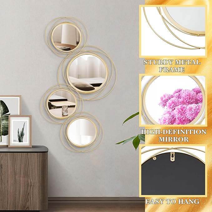 Cityelf 4 Set Mixed Size Gold Circle Mirrors Wall Decor Iron Frame Wall Art Round Mirror Home Decor Hanging for Living Room/Bedroom/Bathroom/Entryway