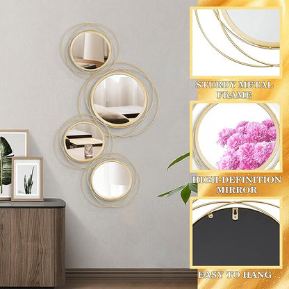 Cityelf 4 Set Mixed Size Gold Circle Mirrors Wall Decor Iron Frame Wall Art Round Mirror Home Decor Hanging for Living Room/Bedroom/Bathroom/Entryway