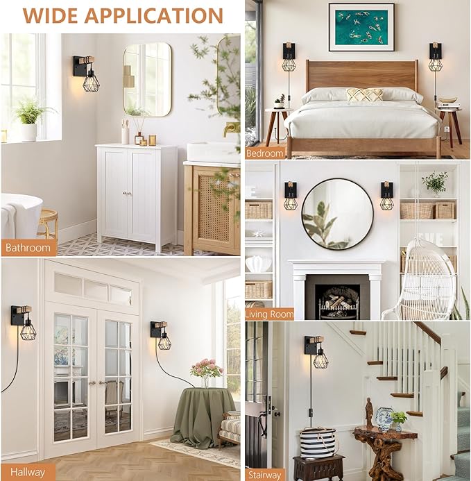 Plug in Wall Sconces Set of Two, Vintage Wood Wall Lamps with Plug in Cord, Farmhouse Wall Light Fixture with 5.25FT On/Off Switch Cord, Indoor Sconces Lighting for Bedroom Living Room
