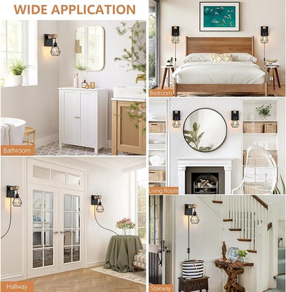 Plug in Wall Sconces Set of Two, Vintage Wood Wall Lamps with Plug in Cord, Farmhouse Wall Light Fixture with 5.25FT On/Off Switch Cord, Indoor Sconces Lighting for Bedroom Living Room