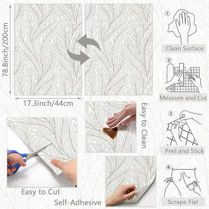 Leaf Peel and Stick Wallpaper Boho 17.3"x78.7" Plant Beige and White Wallpaper Removable Self Adhesive Wall Paper for Bedroom Beige Leaves Contact Paper for Cabinets Vinyl Film Roll