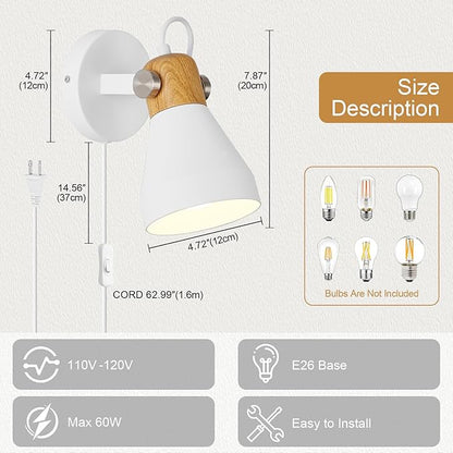 Modern Plug-in Wall Sconces - Matte White Adjustable Reading Light with Natural Wood Accent, Wall Lamp for Bedroom, Living Room, Home Office