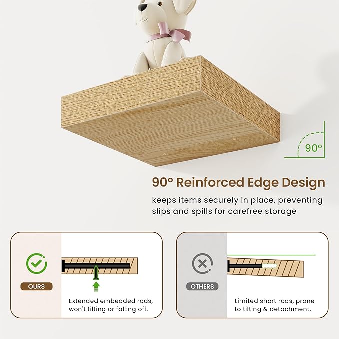 Marsmiles Square Floating Shelves for Wall, 10" W x 10" D x 1.25" H, 3 Packs Small Wall Mounted Engineered Wood Shelves with Invisible Brackets for Living Room, Bedroom, Bathroom, Kitchen Decor, Oak