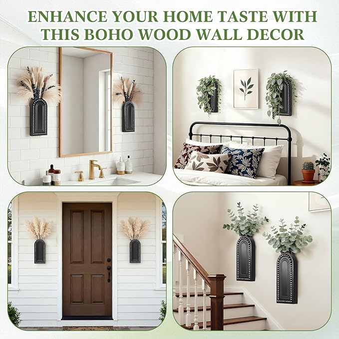 2 Pack Wooden Wall Vase Set with Bead, Modern Farmhouse Boho Wall Decor for Living Room, Entryway, Hallway, Bathroom, Dining Room, Black Wall Art for Home Decoration