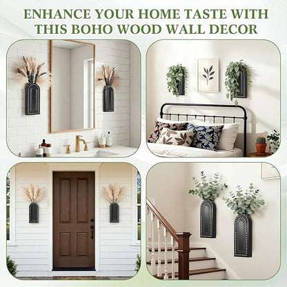 2 Pack Wooden Wall Vase Set with Bead, Modern Farmhouse Boho Wall Decor for Living Room, Entryway, Hallway, Bathroom, Dining Room, Black Wall Art for Home Decoration