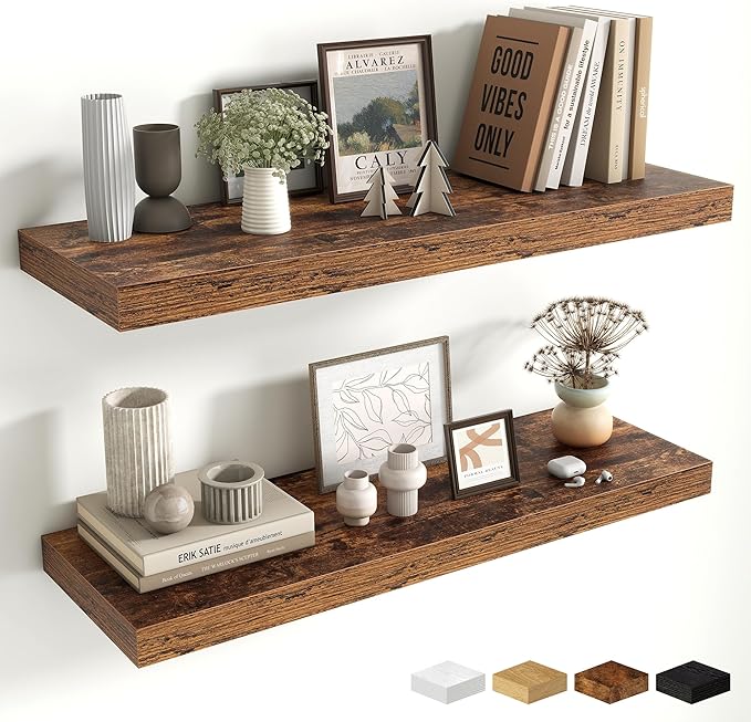 Fun Memories Floating Shelves for Wall, 32 Inch Long Floating Shelves Set of 2, 32 x 10 Wooden Shelves for Wall, Large Storage Shelves, Hanging Shelves for Bathroom Kitchen Bedroom, Rustic Brown