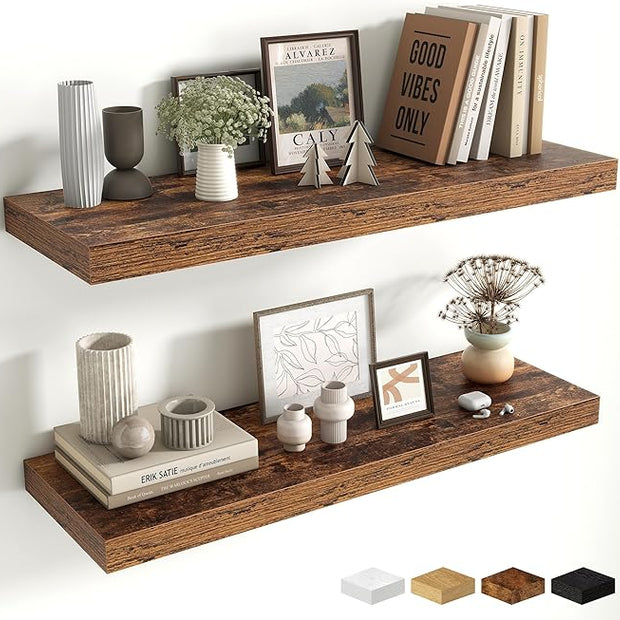 Fun Memories Floating Shelves for Wall, 32 Inch Long Floating Shelves Set of 2, 32 x 10 Wooden Shelves for Wall, Large Storage Shelves, Hanging Shelves for Bathroom Kitchen Bedroom, Rustic Brown