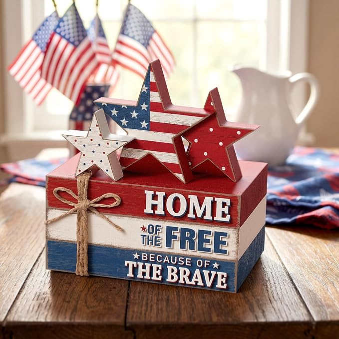 Geelin 4 Pcs Memorial Day Patriotic Wooden Book Stack Decorations, Tabletop Book Sign Ornaments with American Flag Stars, Rustic Red White Blue Tiered Tray Decor for Home, Office, Independence Day