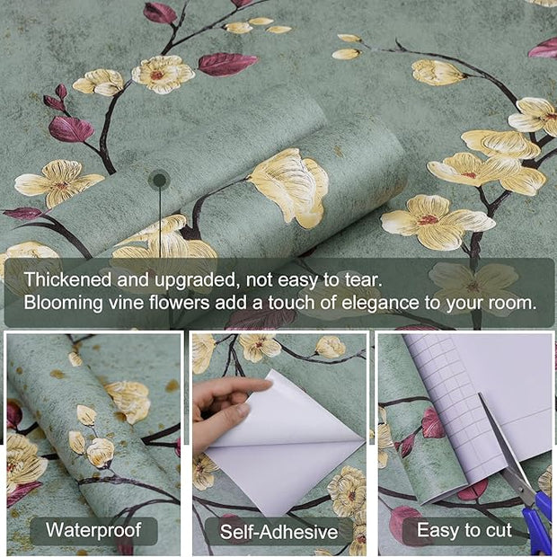 Floral Peel and Stick Wallpaper Flower Tree Contact Paper A Set of 17.5"x1200" Self Adhesive Removable Modern Sage Green Wall Paper Decorative Wall Covering Countertop Vinyl Film Roll