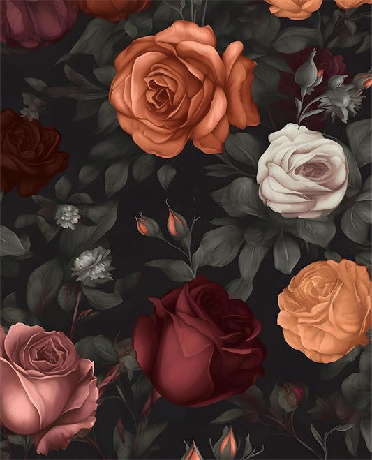 Vintage Floral Peel and Stick Wallpaper Dark Black Rose Floral Contact Paper 17.5'' x 393'' Waterproof Self Adhesive Boho Orange/Red Flowers Wall Mural Wall Paper for Bedroom Stair Cabinet Decor
