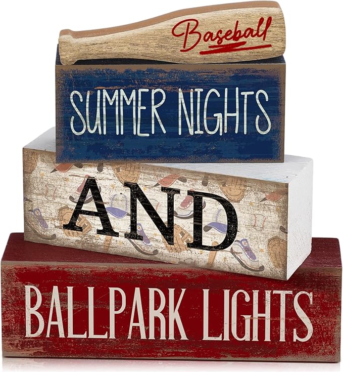 4 Pcs Baseball Decorations Stacked Wooden Blocks Signs with Bat Topper, Summer Nights Ballpark Lights Decor - Baseball Table Decor Ideal Gift for Fans Boys Room Party Coffee Shelf