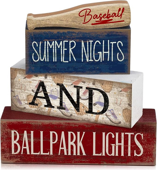 4 Pcs Baseball Decorations Stacked Wooden Blocks Signs with Bat Topper, Summer Nights Ballpark Lights Decor - Baseball Table Decor Ideal Gift for Fans Boys Room Party Coffee Shelf