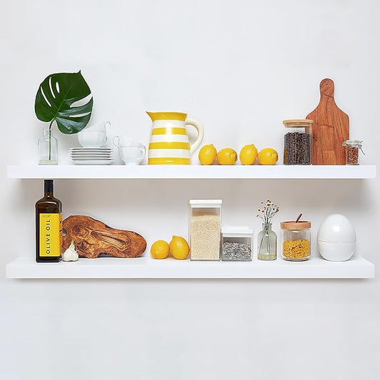 Homeforia White Floating Shelf 48 inches, High End Solid Real Wood 48inch Long Floating Shelves for Wall Mounted, White Wooden 48in Floating Shelves, Heavy Duty Bracket, 48 X 6.5 X 1.75 inch, Set of 2