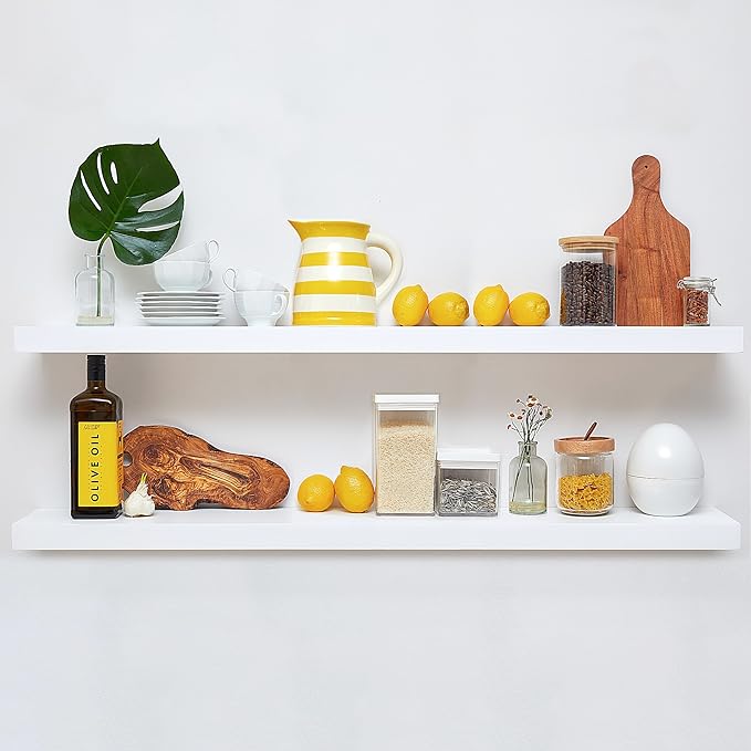 Homeforia White Floating Shelf 48 inches, High End Solid Real Wood 48inch Long Floating Shelves for Wall Mounted, White Wooden 48in Floating Shelves, Heavy Duty Bracket, 48 X 6.5 X 1.75 inch, Set of 3