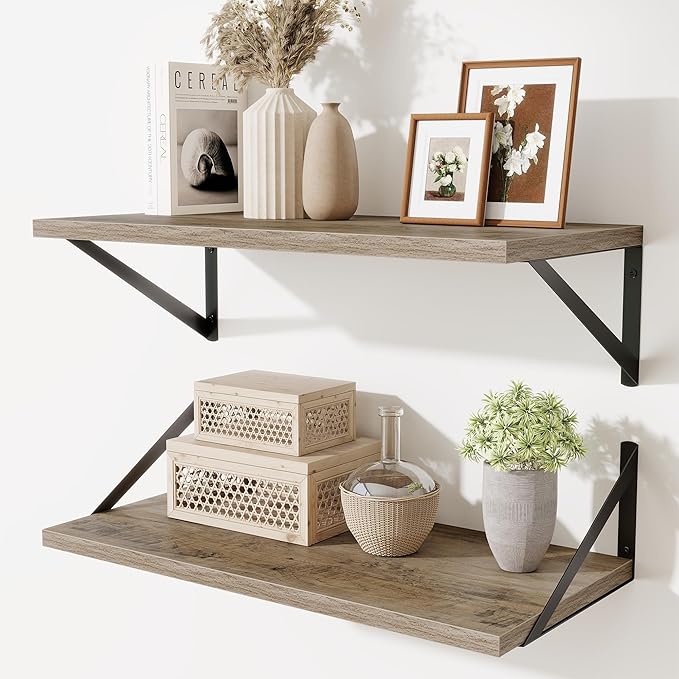 Deep Floating Shelves,24" Wx10 D Floating Shelf for Wall Set of 2,Hanging Storage Shelf with Metal Brackets,Wide Display Wall Shelves for Living Room,Bedroom,Bathroom,Kitchen,Grey