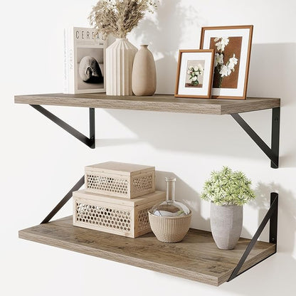 Deep Floating Shelves,24" Wx10 D Floating Shelf for Wall Set of 2,Hanging Storage Shelf with Metal Brackets,Wide Display Wall Shelves for Living Room,Bedroom,Bathroom,Kitchen,Grey