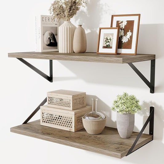 Deep Floating Shelves,24" Wx10 D Floating Shelf for Wall Set of 2,Hanging Storage Shelf with Metal Brackets,Wide Display Wall Shelves for Living Room,Bedroom,Bathroom,Kitchen,Grey