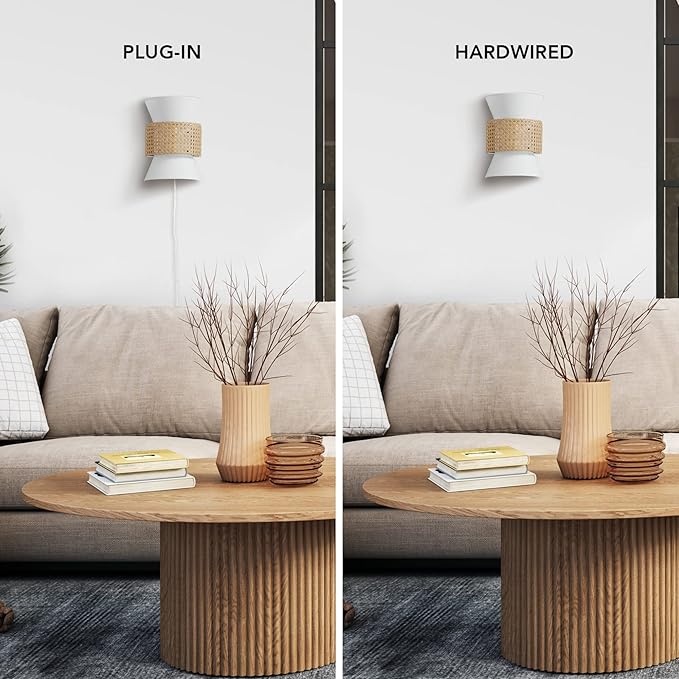 Globe Electric 65925 2-Light Plug-in or Hardwire Wall Sconce, Matte White Fabric Shade with Natural Rattan Accent, 6ft Braided Cord, in-Line Rocker Switch, Modern Lighting for Apartments or Renters