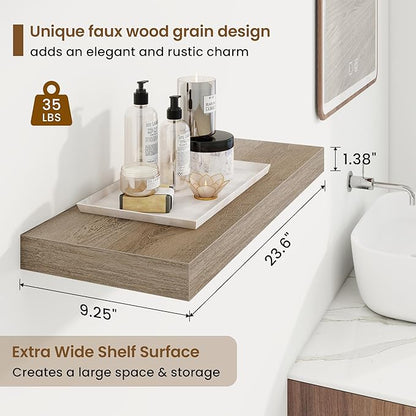 24in Floating Shelves for Wall, 24"W x 9.25"D x 1.25"H, 2 Pack Long Wall Mounted Engineered Wood Shelves with Invisible Brackets for Living Room, Bedroom, Bathroom, Kitchen Decor and Storage, Grey
