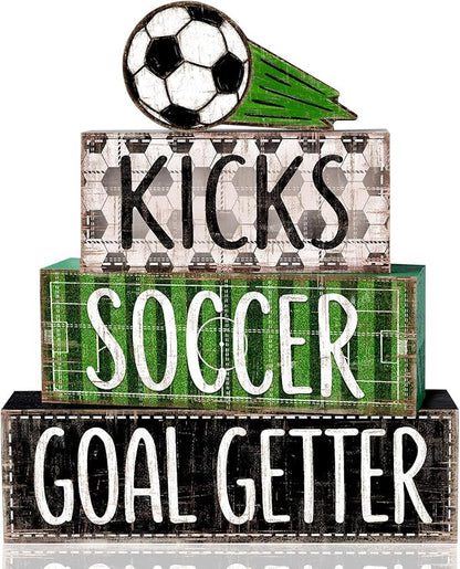 DIYDEC 4Pcs Soccer Tabletop Decorations Ball Wooden Block Signs Gift Rustic Football Tiered Tray Decor Soccer Goal Centerpiece World Cup Table Sign for Home Office Tabletop Fireplace Party Decor