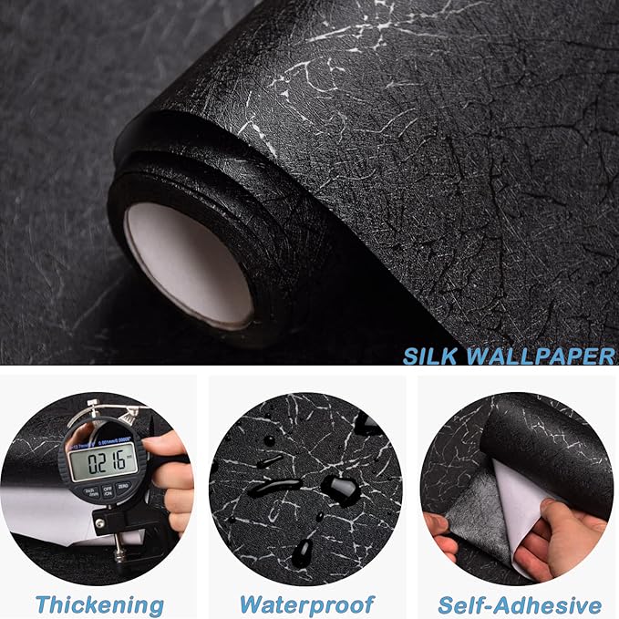 Cohoo Home 512inL 15.7inW Black Silk Peel and Stick Wallpaper for Bedroom Solid Black Textured Contact Paper for Cabinet and Drawers Self Adhesive Removable Wallpaper for Bathroom Embossed Waterproof