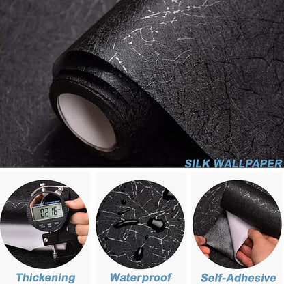 Cohoo Home 512inL 15.7inW Black Silk Peel and Stick Wallpaper for Bedroom Solid Black Textured Contact Paper for Cabinet and Drawers Self Adhesive Removable Wallpaper for Bathroom Embossed Waterproof