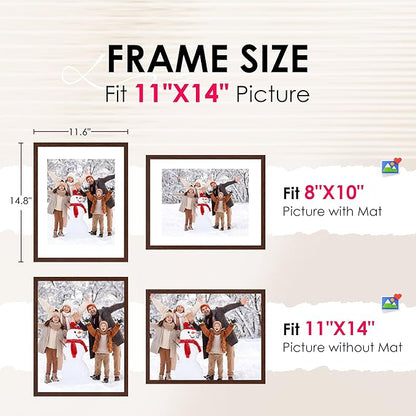 FIXSMITH 11x14 Picture Frame Bulk-4 Pack, Photo Frame with HD Plexiglass, Display Pictures 8x10 with Mat or 11x14 Without Mat, Brown Picture Frames Collage Wall Decor, Gallery Wall Frame