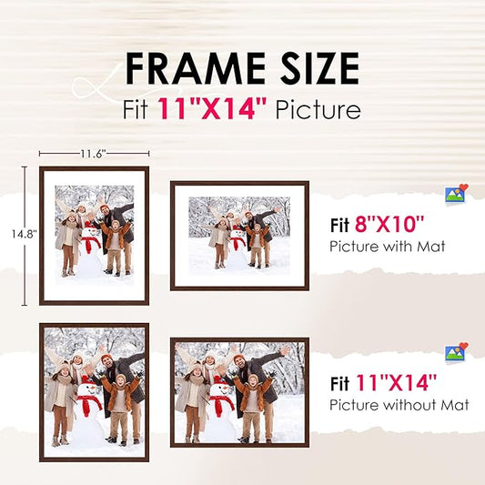 FIXSMITH 11x14 Picture Frame Bulk-4 Pack, Photo Frame with HD Plexiglass, Display Pictures 8x10 with Mat or 11x14 Without Mat, Brown Picture Frames Collage Wall Decor, Gallery Wall Frame