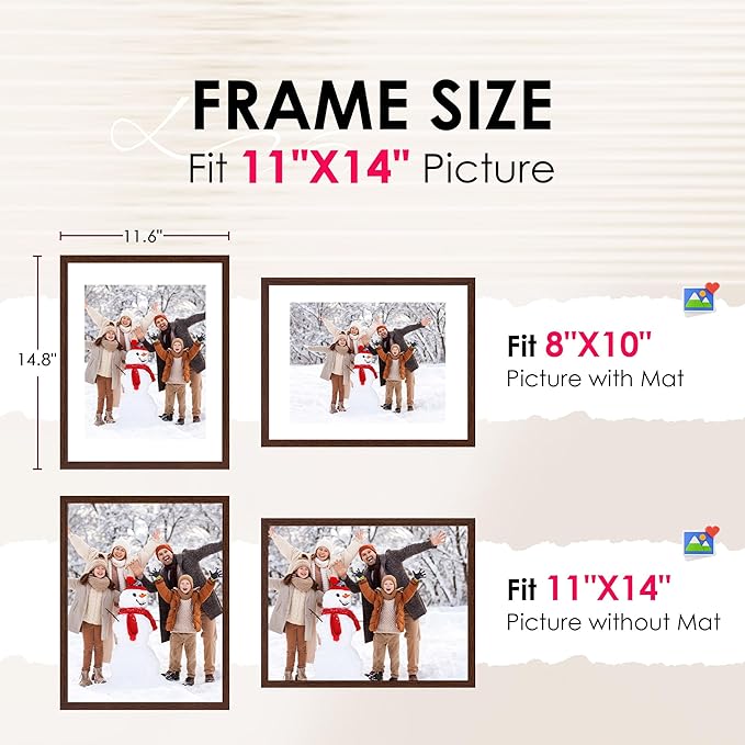 FIXSMITH 11x14 Picture Frame Bulk-4 Pack, Photo Frame with HD Plexiglass, Display Pictures 8x10 with Mat or 11x14 Without Mat, Brown Picture Frames Collage Wall Decor, Gallery Wall Frame