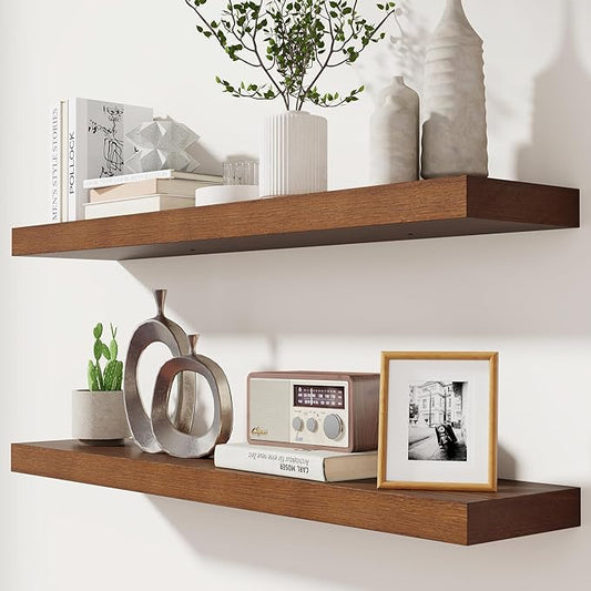 fuqing Rustic Floating Shelves for Wall, 36 Inch Floating Shelves Set of 2, Solid Dark Wood Wall Shelves for Living Room Bedroom Bathroom