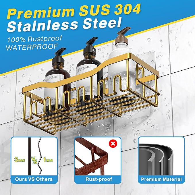 EUDELE 5-Pack Rustproof Stainless Steel Shower Caddy – No Drill Adhesive Bathroom Organizer with Large Capacity, Spacious Shower Shelves for Inside Shower, Kitchen & Home Decor Storage-XL Size