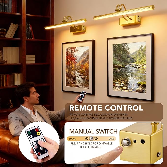 Picture Light,Picture Lights for Wall Cordless,16" Picture Lights with Timer and Dimmable,Battery Wall Lights for Display Gallery Painting Art Frame Portrait-Plated Gold 2Color
