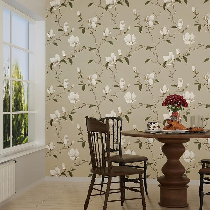 Floral Wallpaper Peel and Stick Vintage Flowers Contact Paper Waterproof Self Adhesive Removable Khaki Botanical Modern Wall Paper for Bedroom Walls Cabinet Locker 17.5