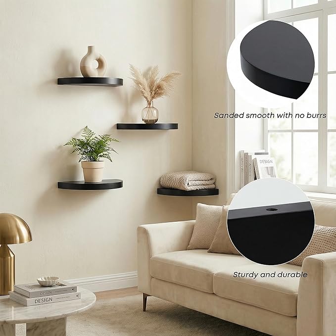 Small Wood Floating Shelves (2-Pack, 8-inch Diameter) - Round Sturdy Invisible Wall Mount Display for Small Plants,Toys,Bathroom,Living Room Storage & Modern Rustic Décor (Black)