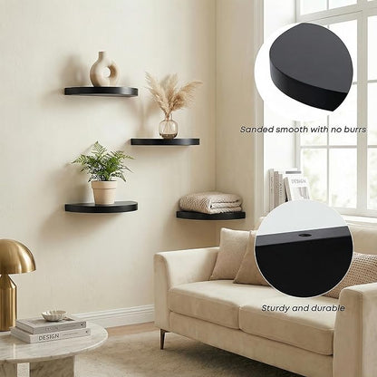 Small Wood Floating Shelves (2-Pack, 8-inch Diameter) - Round Sturdy Invisible Wall Mount Display for Small Plants,Toys,Bathroom,Living Room Storage & Modern Rustic Décor (Black)