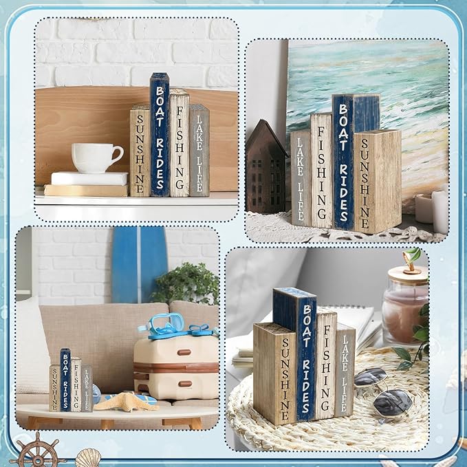 4 Pcs Summer Lake House Decor Stacked Wooden Block Set with Lake Life Boat Rides Fishing Sunshine Blue White Summer Table Decor Wooden Book Signs for Fishing & Boating Lovers Gifts