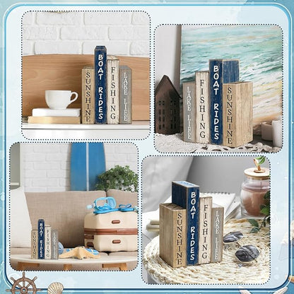 4 Pcs Summer Lake House Decor Stacked Wooden Block Set with Lake Life Boat Rides Fishing Sunshine Blue White Summer Table Decor Wooden Book Signs for Fishing & Boating Lovers Gifts