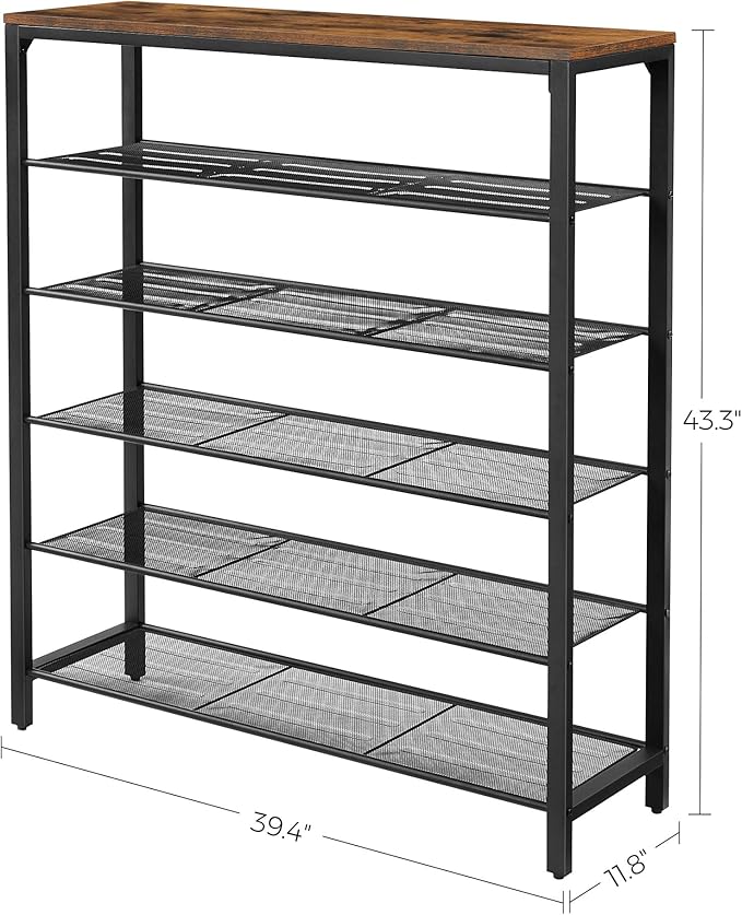 VASAGLE 6-Tier Shoe Rack, Shoe Organizer for Closet, Entryway, 24-30 Pairs of Shoes, Large Shoe Rack Organizer with 5 Metal Mesh Shelves, 11.8 x 39.4 x 43.3 Inches, Rustic Brown and Black ULBS016B01