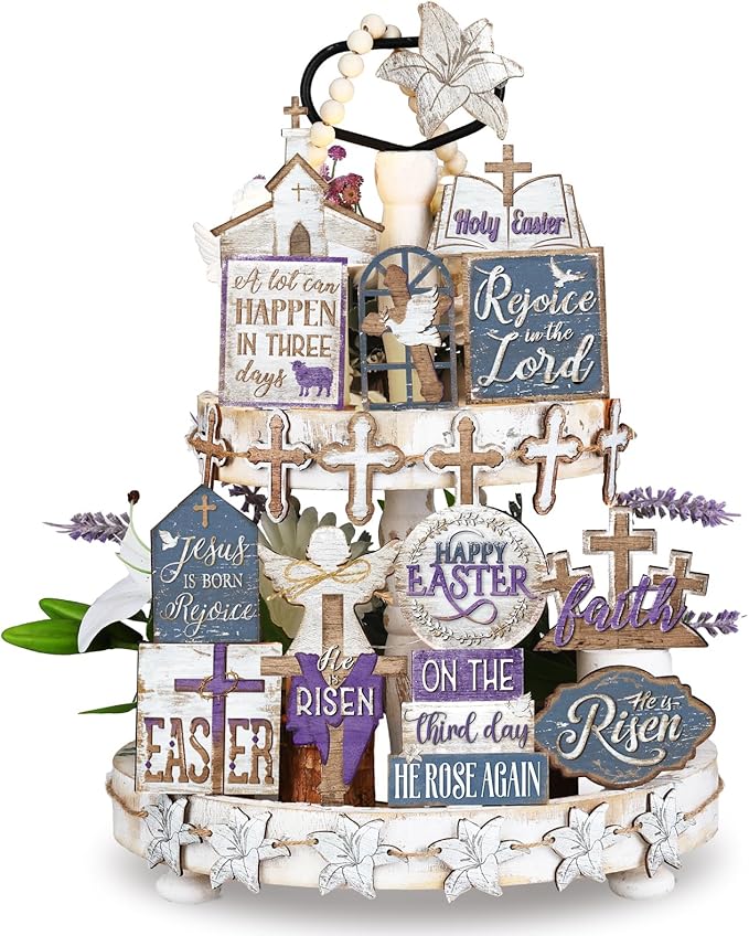 Amyhill 29 Pcs Religious Easter Tiered Tray Decor Christian Easter Decorations He is Risen Cross Lily Purple Wooden Signs Rustic Farmhouse Spring Table Decor for Home Kitchen Shelf