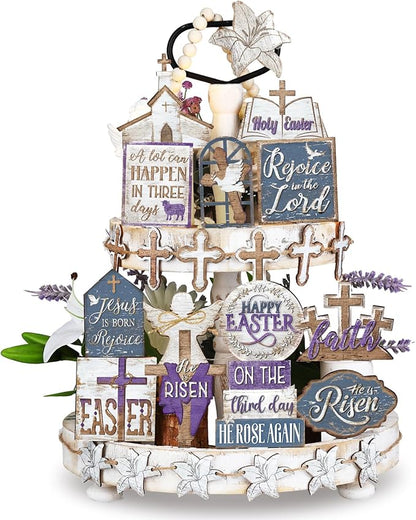 Amyhill 29 Pcs Religious Easter Tiered Tray Decor Christian Easter Decorations He is Risen Cross Lily Purple Wooden Signs Rustic Farmhouse Spring Table Decor for Home Kitchen Shelf