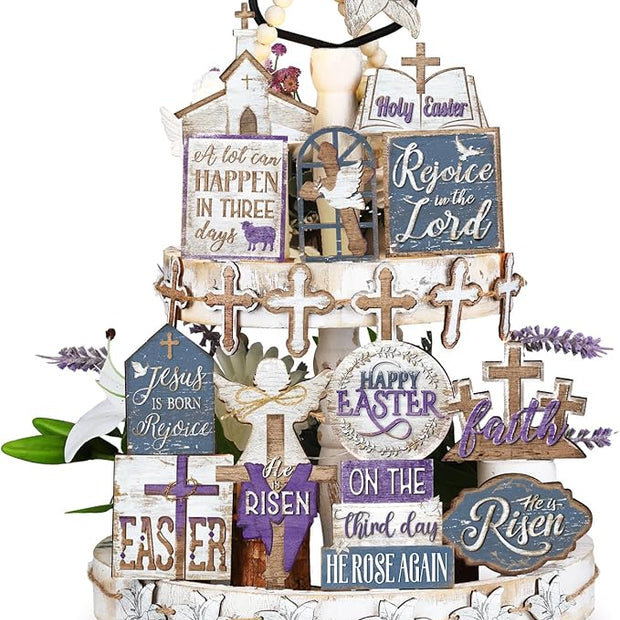 Amyhill 29 Pcs Religious Easter Tiered Tray Decor Christian Easter Decorations He is Risen Cross Lily Purple Wooden Signs Rustic Farmhouse Spring Table Decor for Home Kitchen Shelf