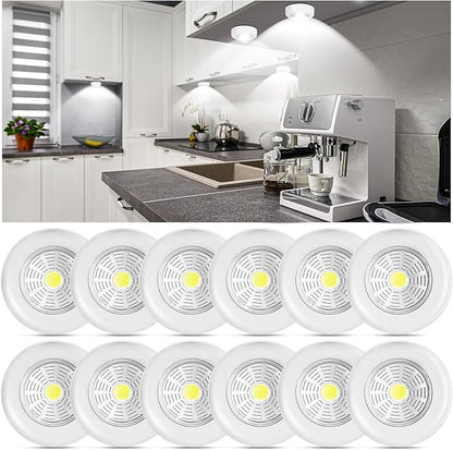 Macarrie 12 Pack Wireless LED Puck Lights, Under Cabinet Lighting, 70 Lumens Portable Touch Light, Stick on Battery Powered, for Kitchen Closets Cabinets Garage Bedroom Shelf(Classic Style)