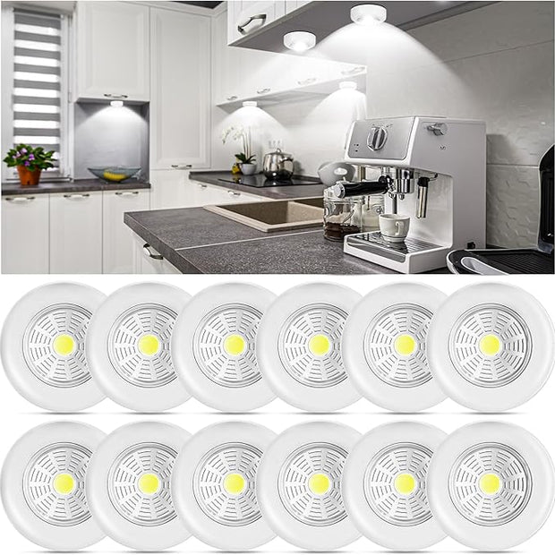 Macarrie 12 Pack Wireless LED Puck Lights, Under Cabinet Lighting, 70 Lumens Portable Touch Light, Stick on Battery Powered, for Kitchen Closets Cabinets Garage Bedroom Shelf(Classic Style)